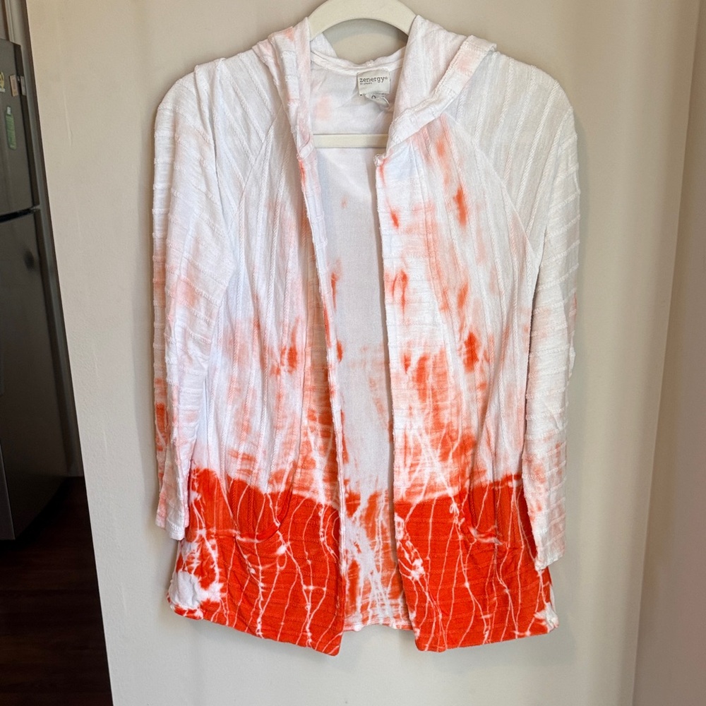 Tie-Dye Hooded Open Cardigan - White & Orange